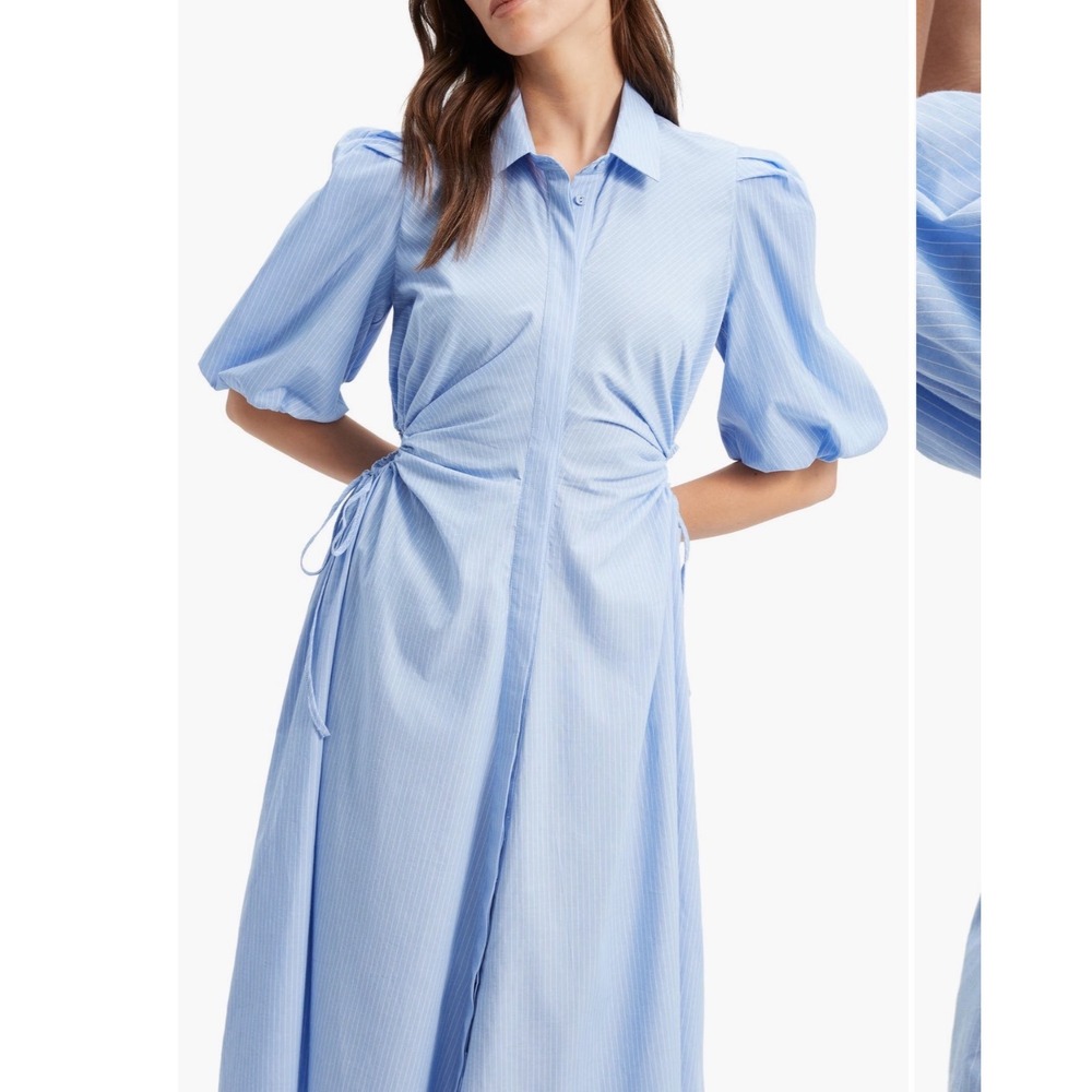 Bardot Cut Out Midi Shirt Dress Blue Stripe Puff Sleeve Cotton Poplin NWT Size 6